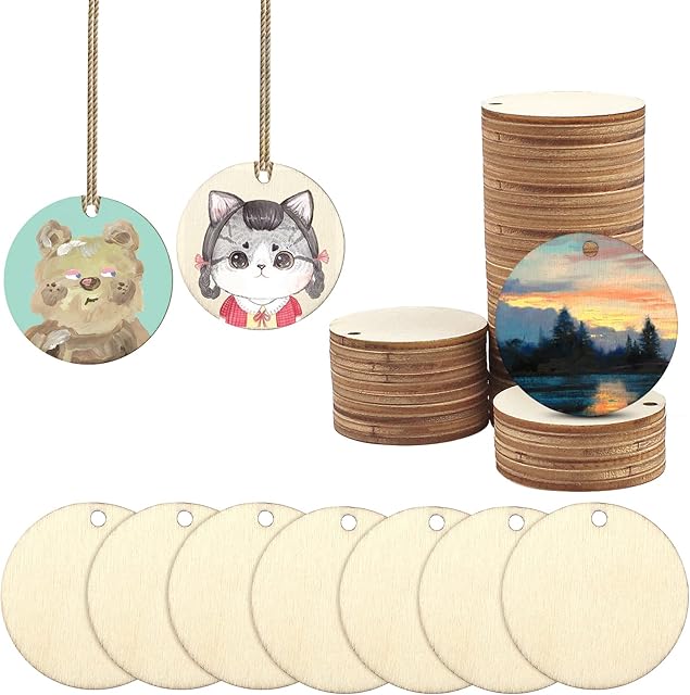 wocpvm 100 Pcs Wooden Discs for Crafts Round Wooden Discs with Holes Wooden Unfinished Round Circles Wooden Circles Round Wood Slices for Painting and Christmas Decorations, 4cm