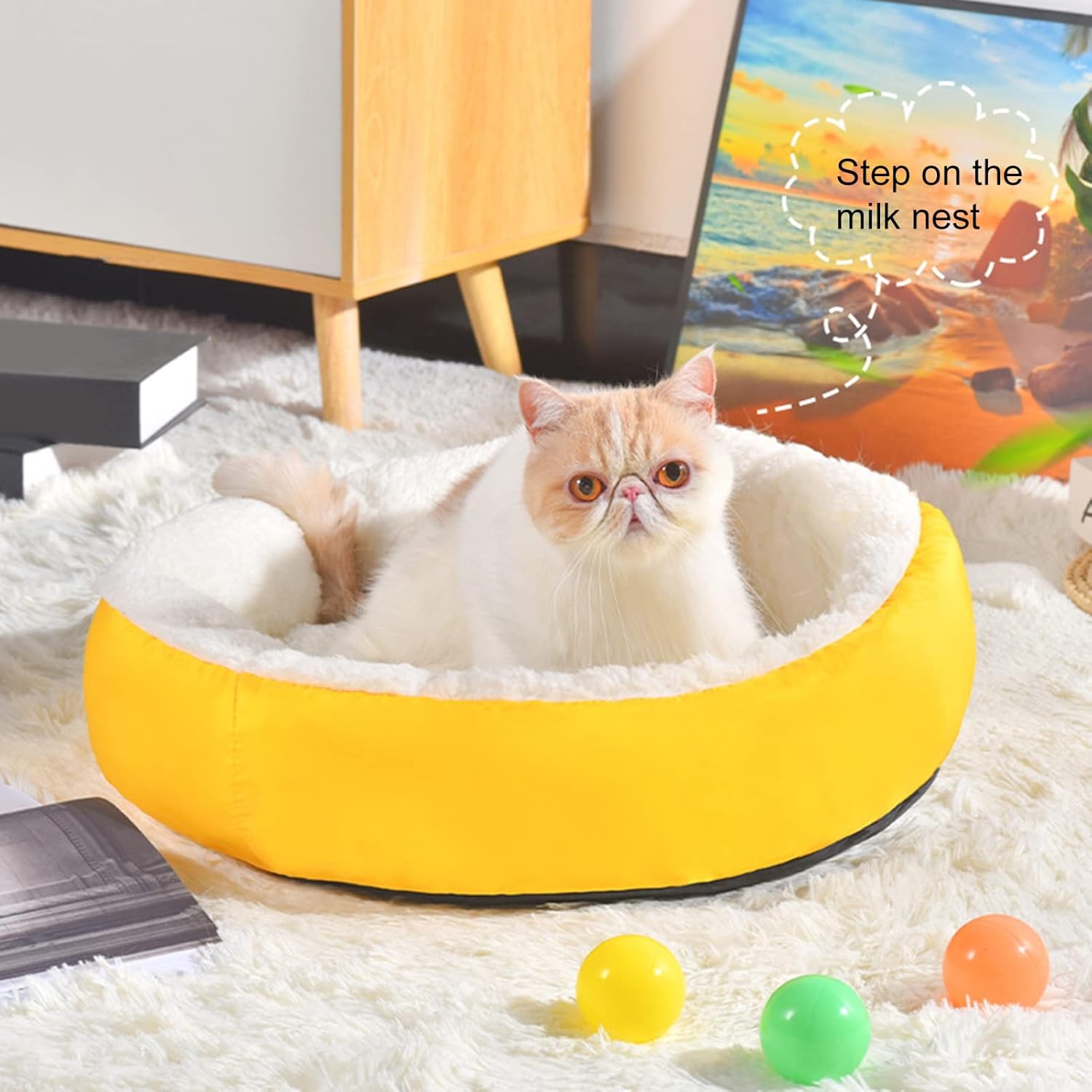 review Calming Dog Bed Cat Cushion Bed, Lamb Velvet Warming Pet Bed, Comfortable Cuddler Round Bed for Small Medium Dogs Cats House Indoor Sleeping Bed Yellow S