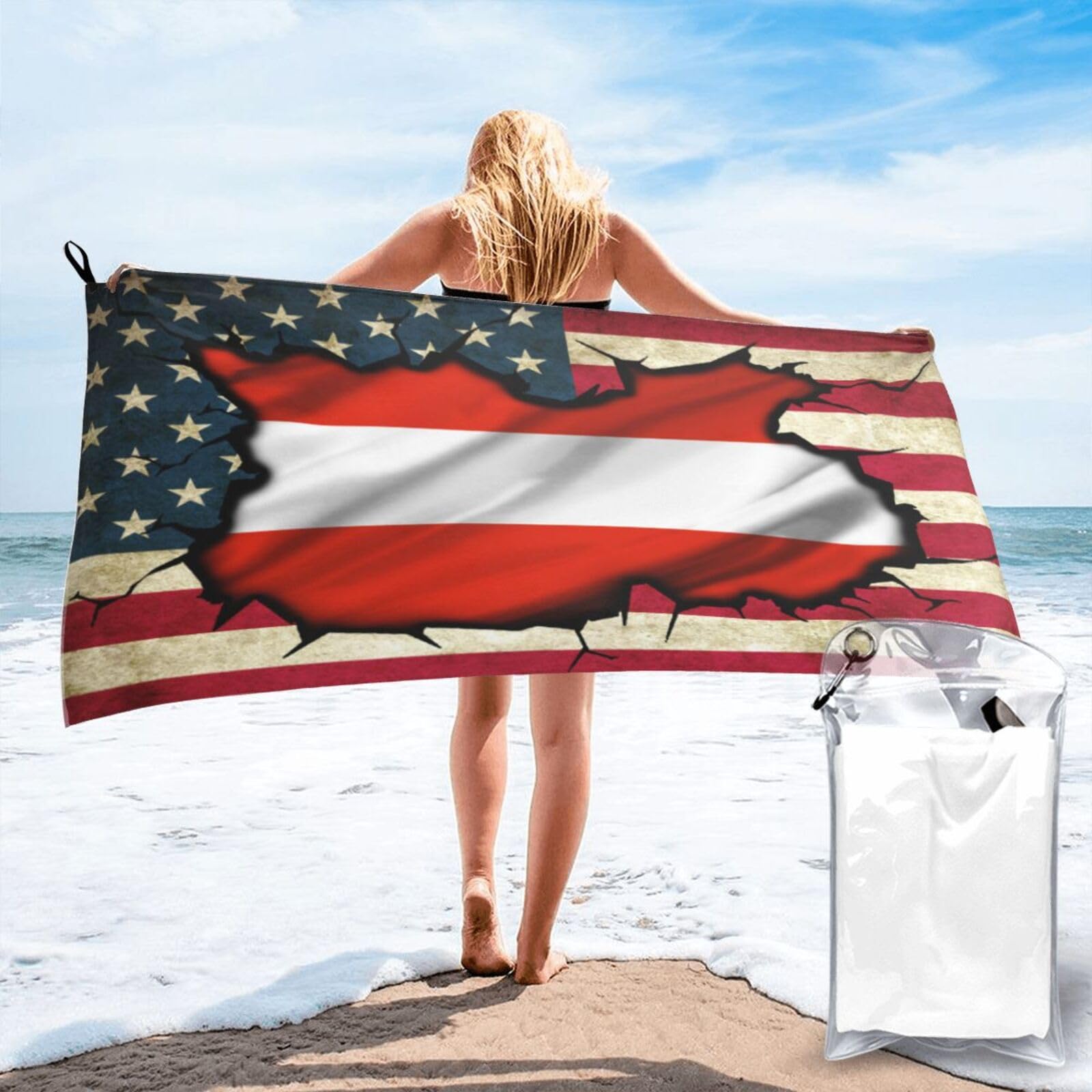 HACXZ Vintage America Flag and Austria Austrian Flag Absorbent Beach Towel Microfiber Beach Towel Lightweight 31.5"X63"