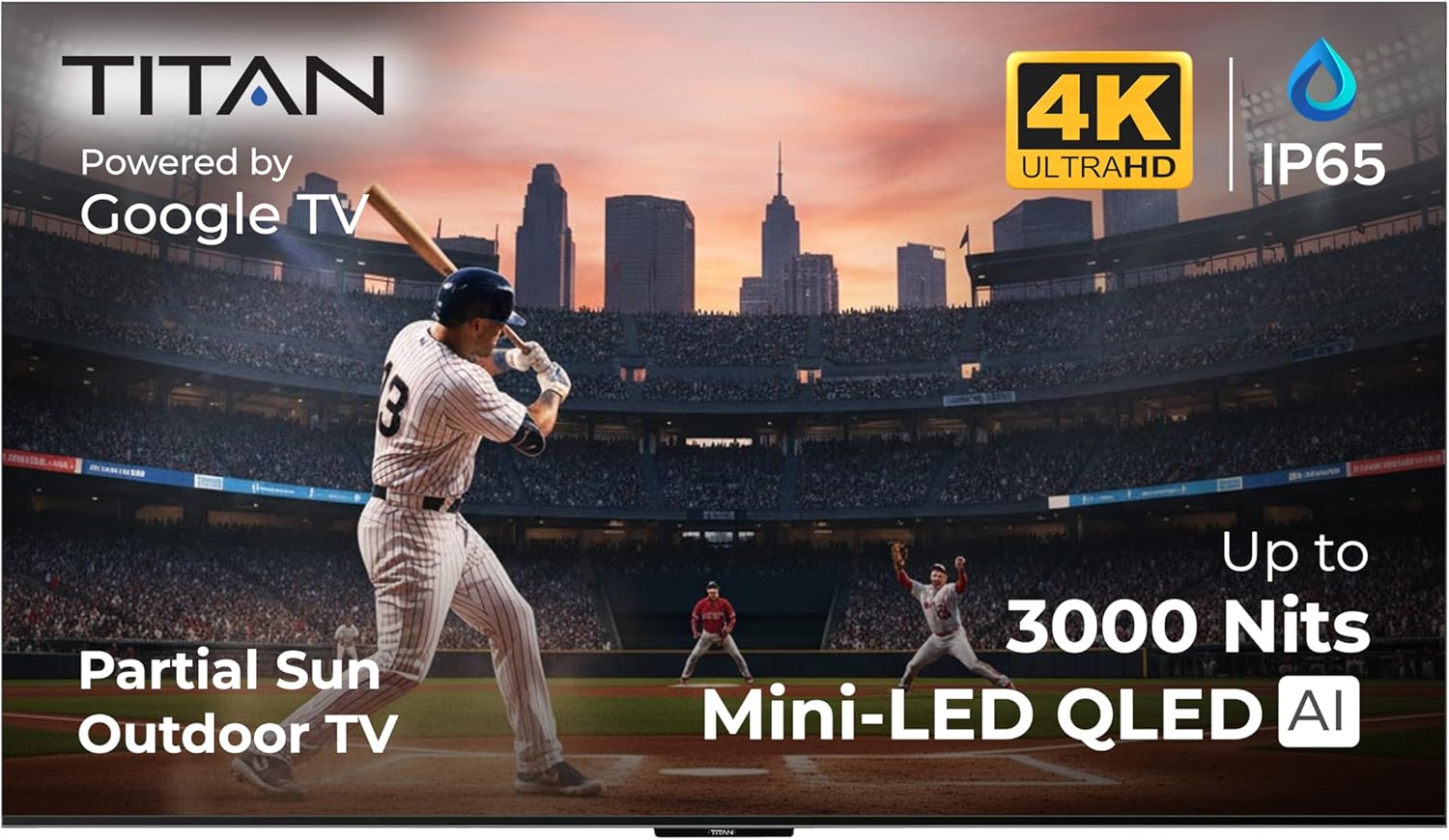 Titan G200 Mini-QLED 115″ Partial Sun Smart Outdoor TV, IP65 Weatherproof, 3000 Nits, Google OS 4K, 144 Hz Bonus: Premium Tv Cover + LED Strip, Dlby Vision-Atmos, Assembled in USA 2 Yr Wty
