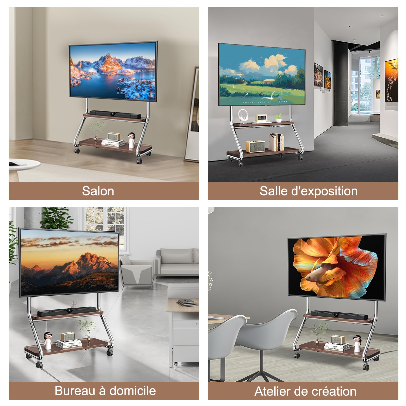 Support TV avec 2 étagères en bois et plaque perforée pour 32-75" Argenté