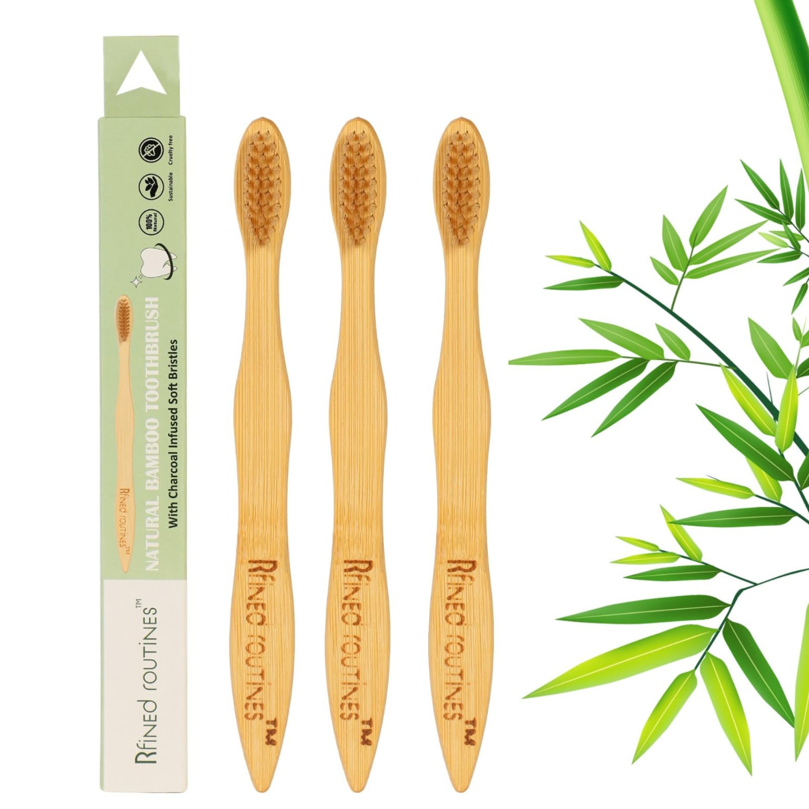Rfined Routines - Natural Eco-Friendly Wooden Bamboo Toothbrush Soft With Ultra Soft Charcoal Activated Bristles For Adults (Kids White, 3) (B0D5HT92HP) Amazon Price History, Amazon Price Tracker