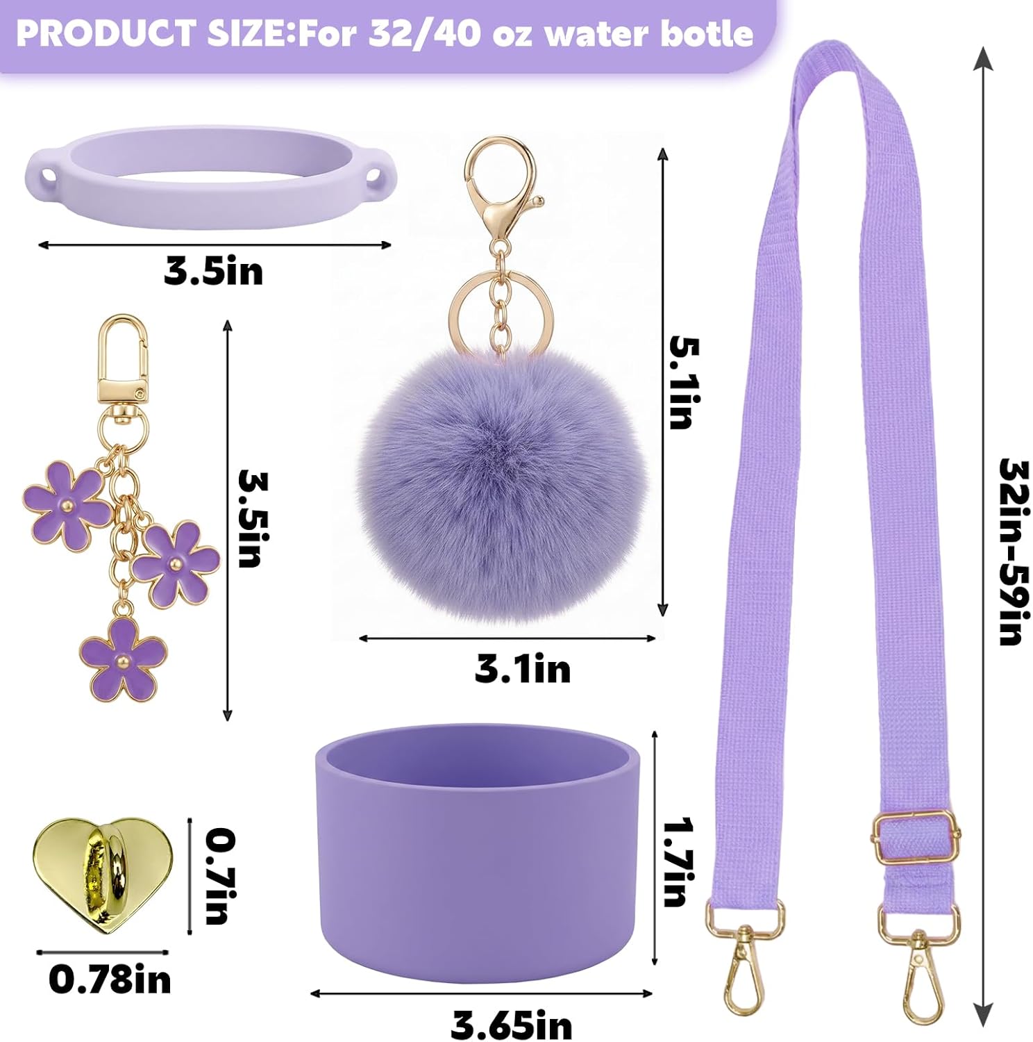 Insulated Water Bottle Accessories Set,Including Water Bottle Shoulder Strap,Siliocne Boot,Keychain Charms,for 30/40oz Hydro Flask,IRON °FLASK,ThermoFlask,CIVAGO and More(Purple)