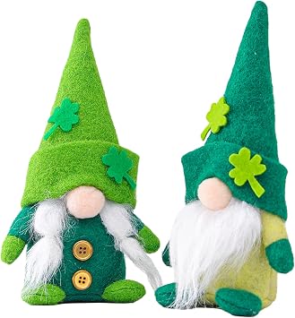 2Pcs St. Patricks Day Decoration Gnomes, Irish Leprechaun Nordic Swedish Tomte, Lucky Clover Green Hat Indoor Ornaments Gifts, Spring March Handmade Nisse Elf Figurine Decor for Holiday, Party Home