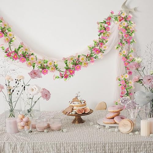 Miniatura 3 de HO2NLE Paquete de 2 guirnaldas de flores de seda artificiales de girasol, enredaderas colgantes falsas con flores de margarita para pared, hogar,