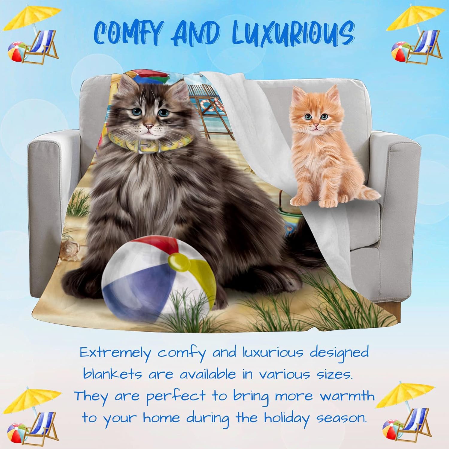 Pet Friendly Beach Siberian Cat Blanket - Lightweight Super Soft Cozy and Durable Bed Blanket - Animal Theme Fuzzy Blanket for Sofa Bed Couch BLNKT56876 (30x40 Fleece)