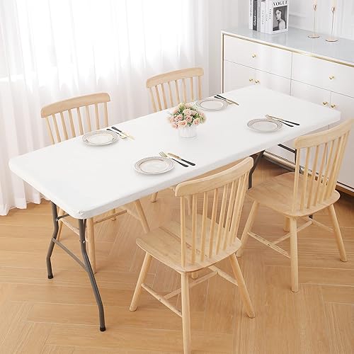 Miniatura 6 de Smiry Mantel rectangular, mantel de vinilo elástico ajustable con parte trasera de franela para mesas plegables de 6 pies, fundas de mesa