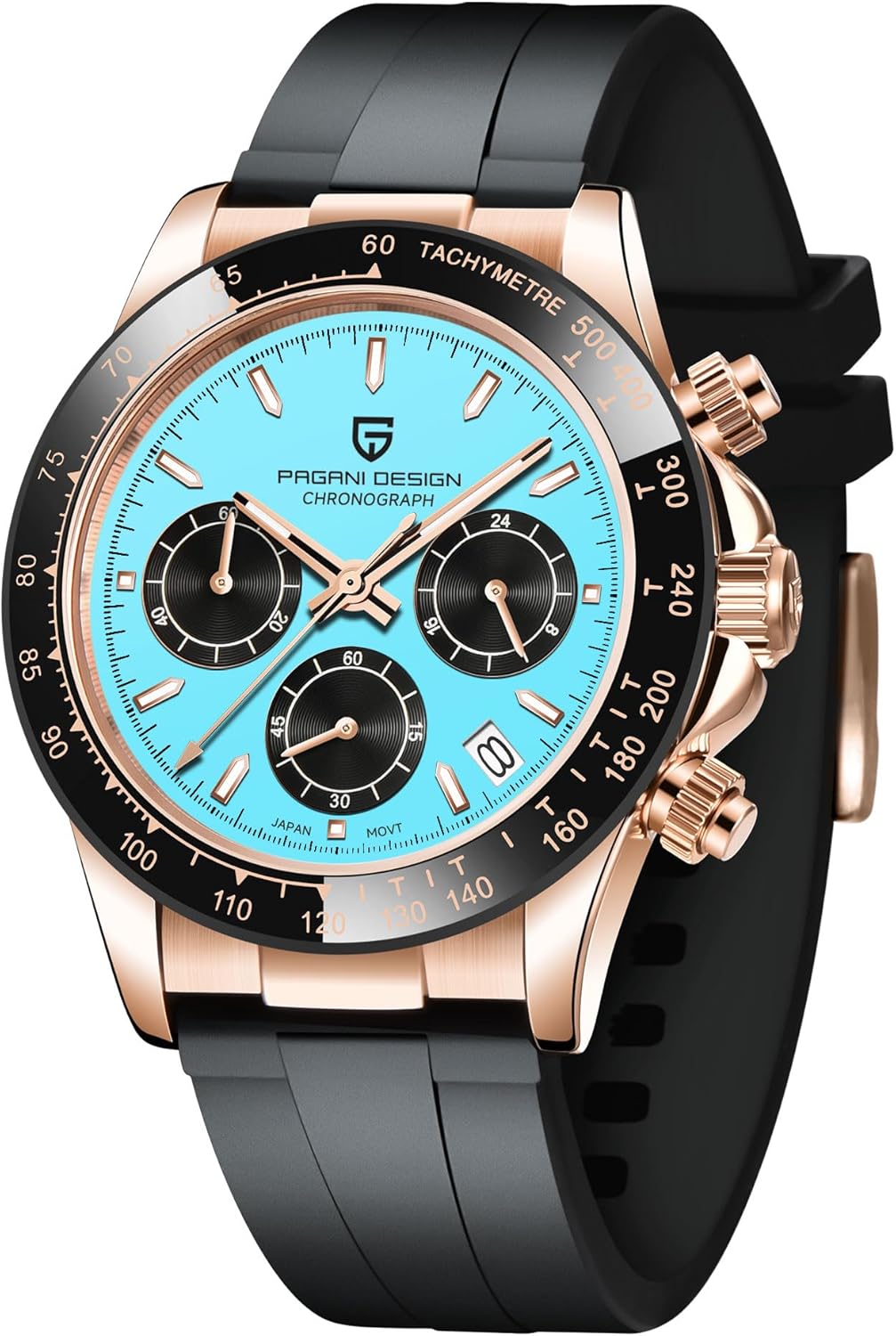 TYBERLEY Pagani Design Classic Men's Quartz Watch Japan VK63 Movement Ceramic Bezel Stainless Steel Waterproof Business Sport Chronograph Date (Gold Blue)