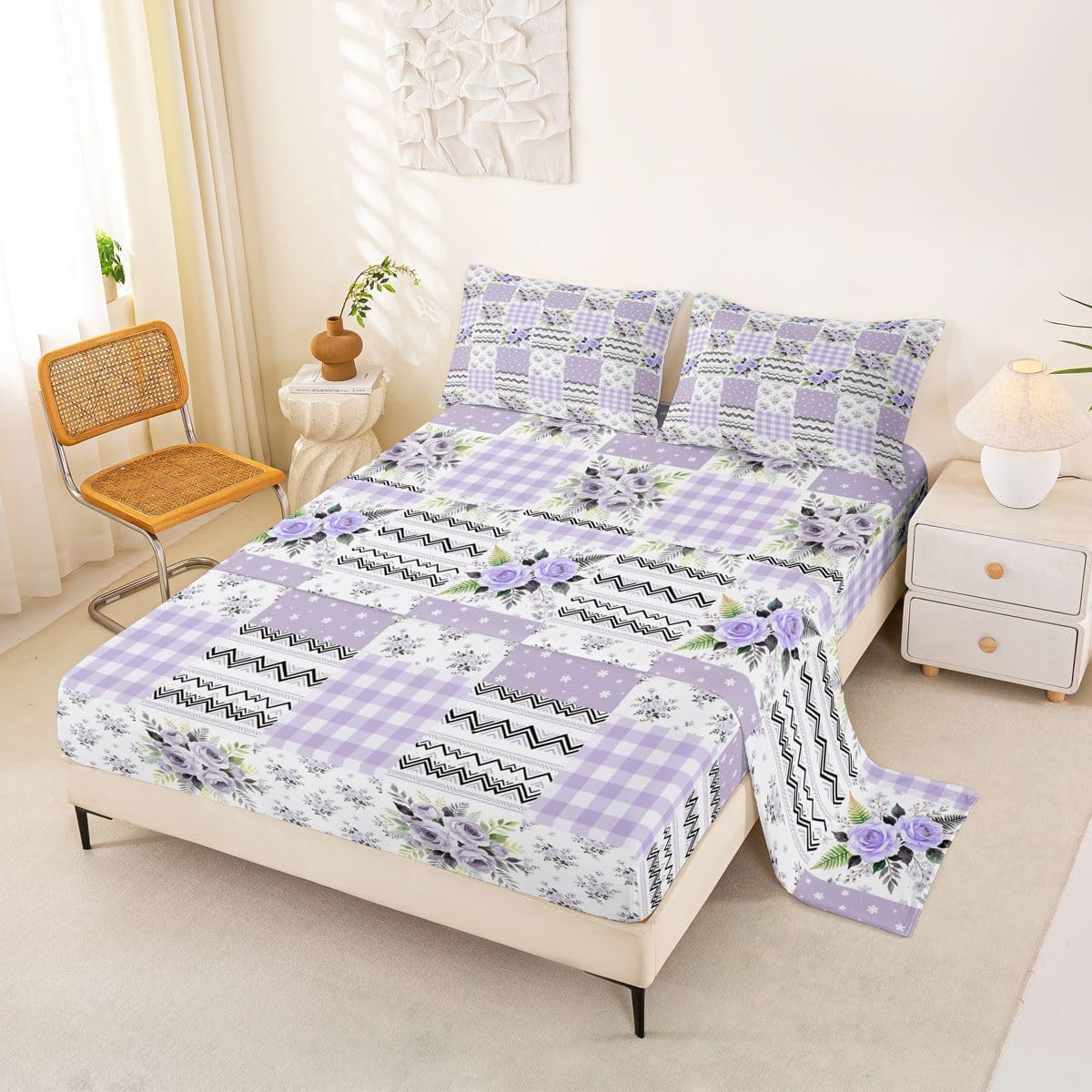 Feelyou Floral Patchwork Bed Sheets Set King Size Purple Flowers Design Bed Set Boho Floral Deep Pocket Fitted Sheet Plaid Floral Patchwork Breathable Soft Lightweight Microfiber