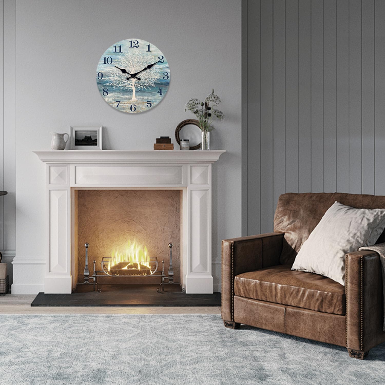 XFM Blue Large Wall Clock 24 Inch Silent Wooden Wall Clocks Battery Operated Framhouse Tree of Life Country Wall Clock Decorative for Kitchen Living Room Bedroom Office