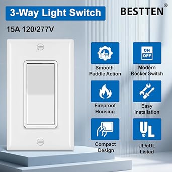 BESTTEN 10 Pack 3-Way Decorator Wall Light Switch with Wallplate, 15A 120V/277V, Single Pole or Three Way, On/Off Paddle Rocker Interrupter, UL Listed, White