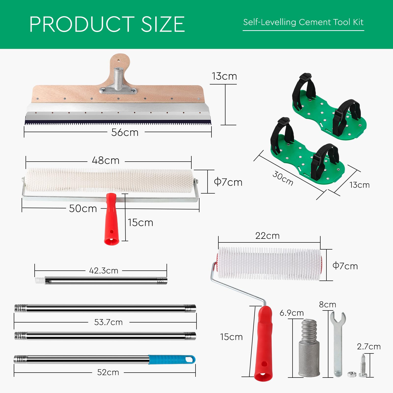 CPROSP 5tlg Bodenbeschichtung Werkzeug Set, Flächenrakel 56cm, Stachelwalze 47cm+21cm, Nagelschuhe 30cm, Teleskopstiel 200cm