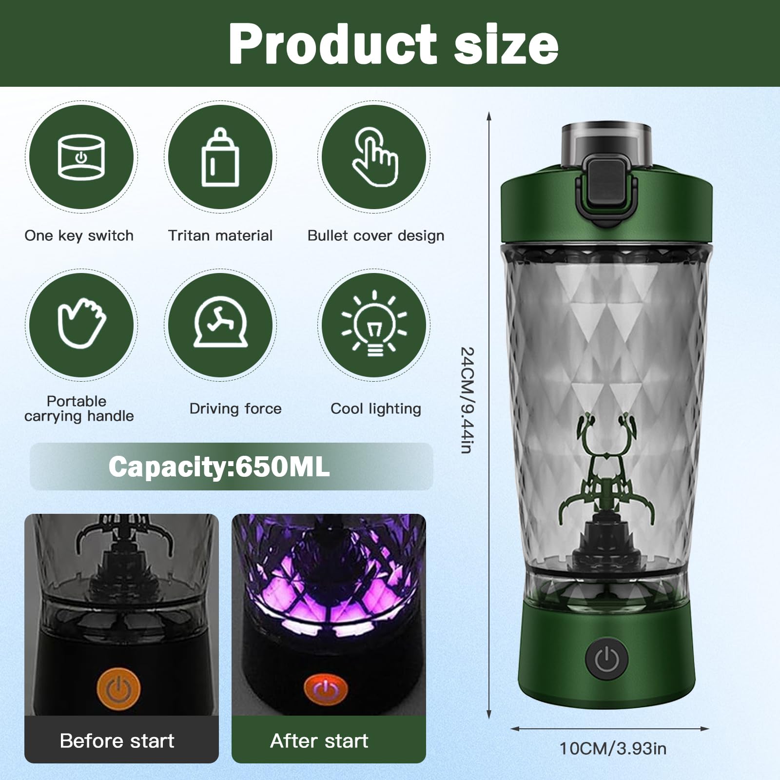 MeYuxg Shaker elettrico per proteine da 650 ml, senza fili, con funzione di miscelazione, bicchiere automatico con contenitore per polvere e spazzola per la pulizia, per sport, fitness e viaggio verde