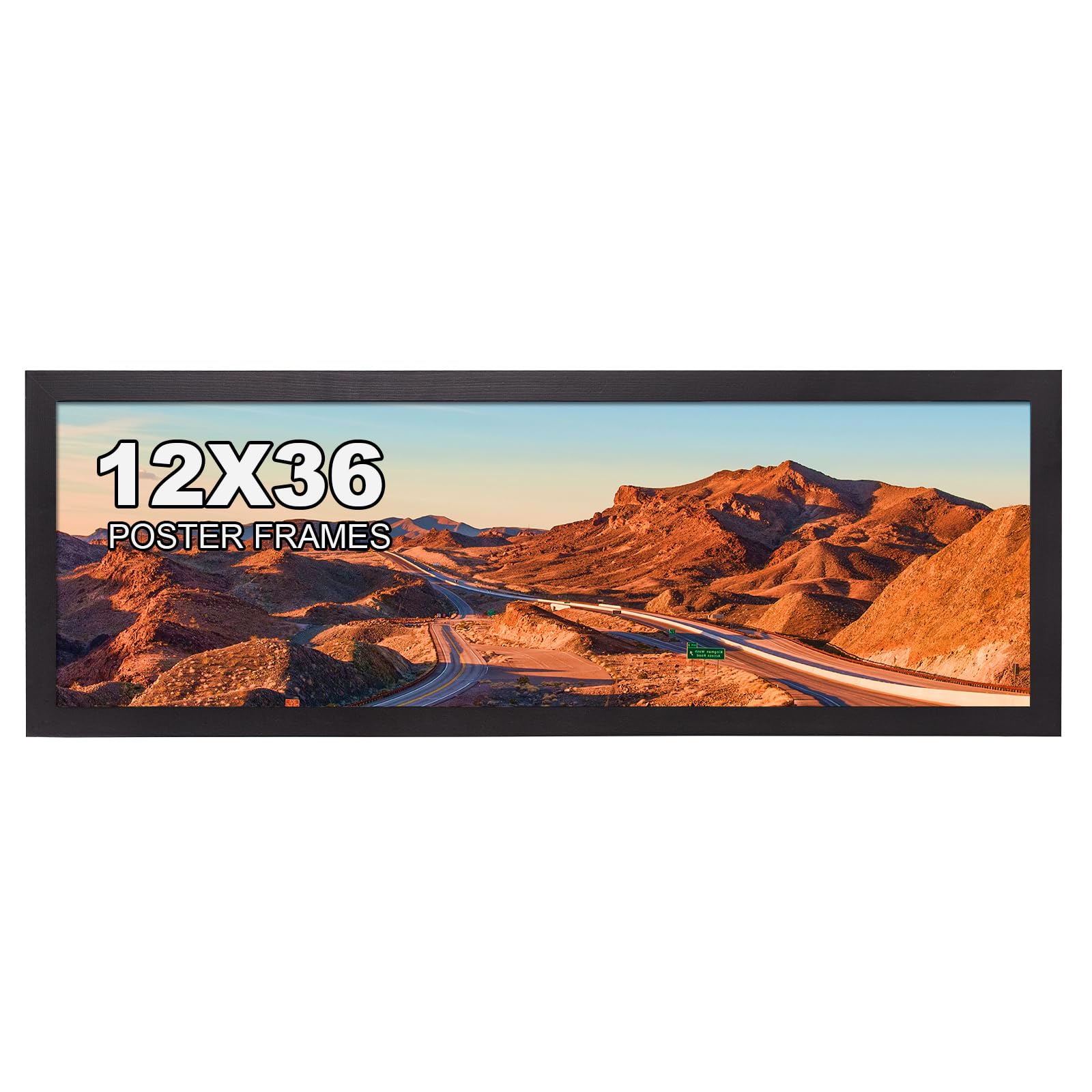YOACHNE 12x36 Poster Frame,36x12 Natural Soild Wood Panoramic Picture Frames with Polished Plexiglass,Display Picture 12x36 for Wall Mounting Horizontally and Vertically (Black)