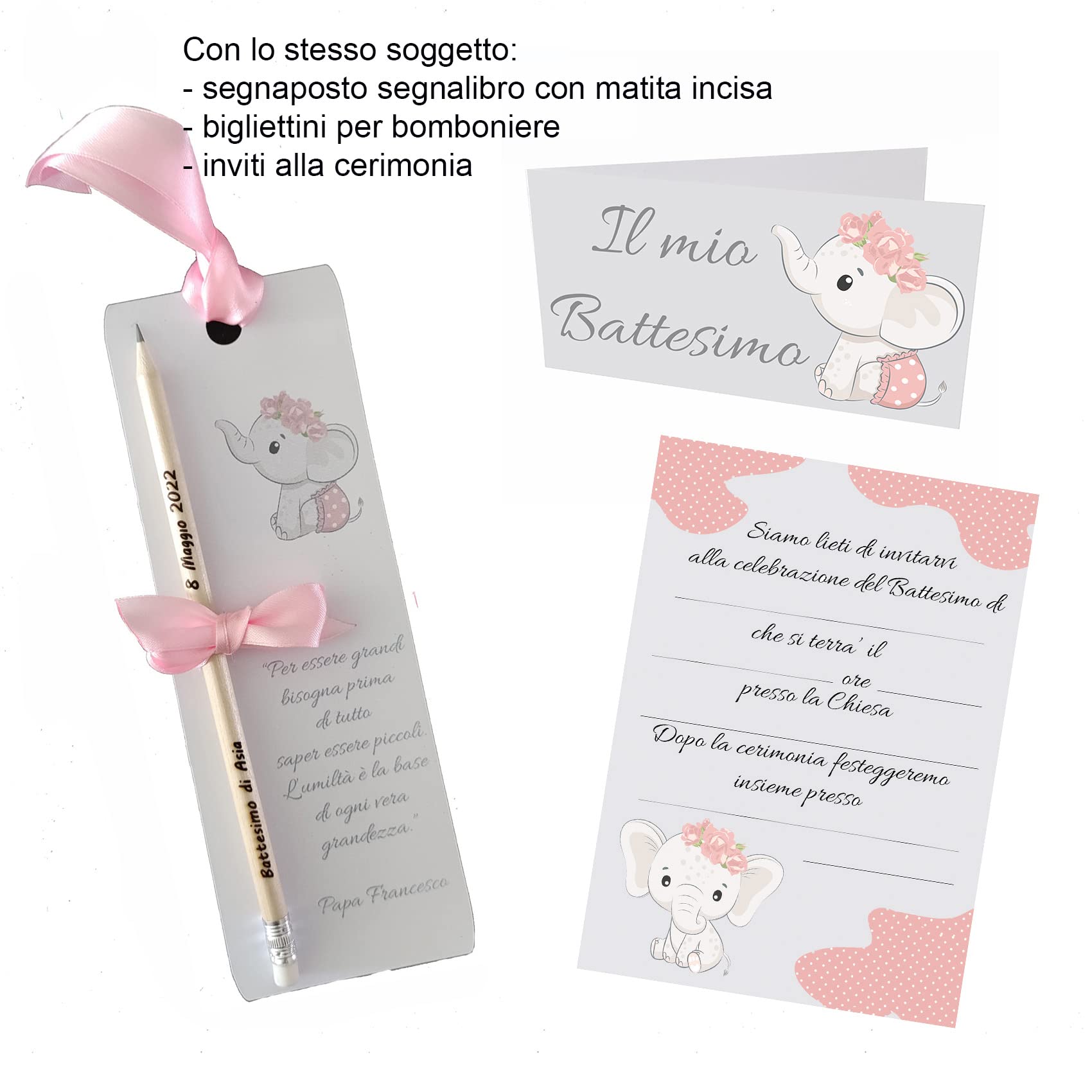 Segnalibro Elefantino Personalizzato Per Battesimo - 30 Pezzi Colorati, Cartoncino 250g - Foto 2