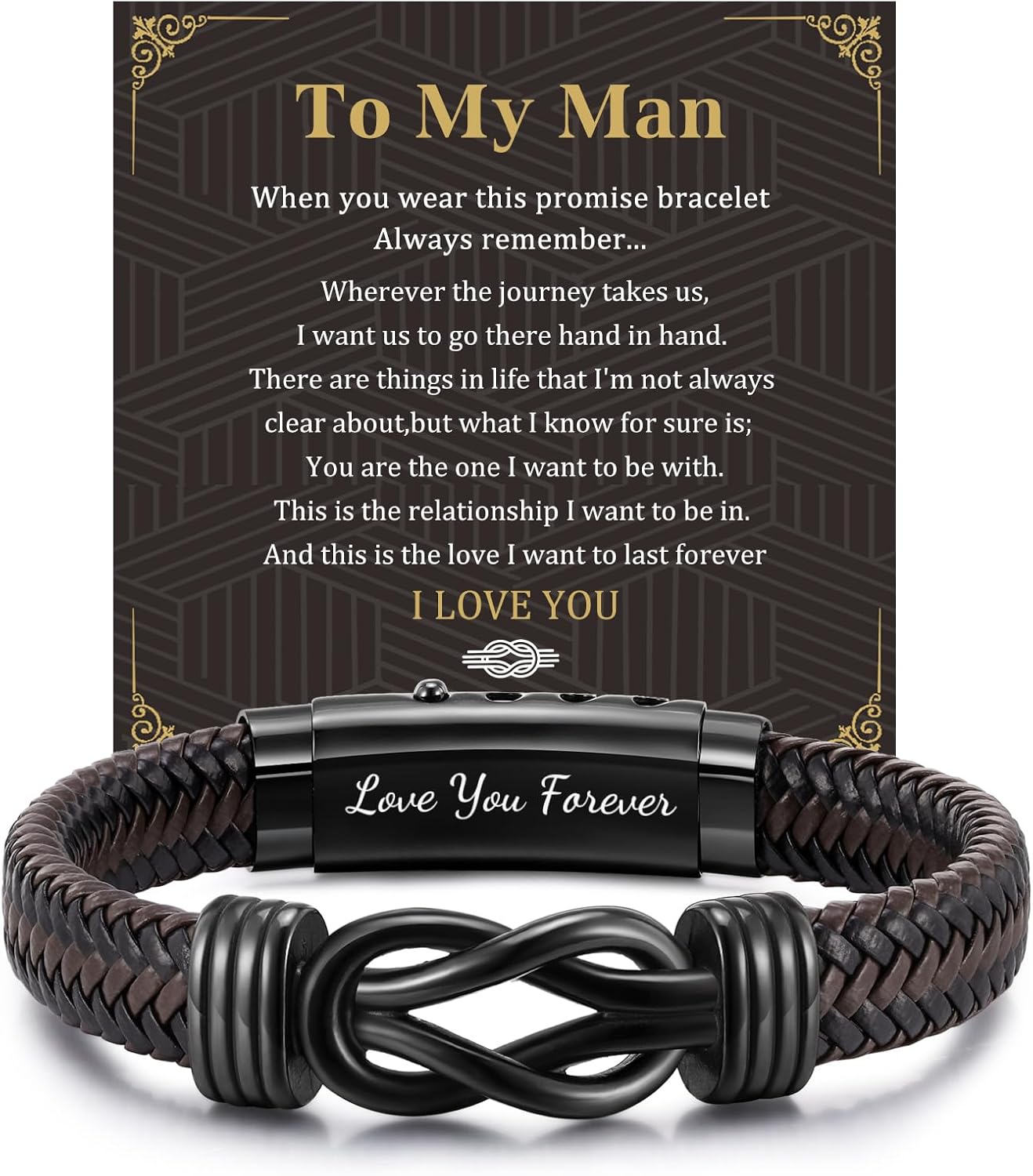 MEALGUET Men's Brown Braided Leather Infinity Knot Bracelet - Engraved Love You Forever Cuff Gift for Husband Boyfriend Son Birthday Valentine