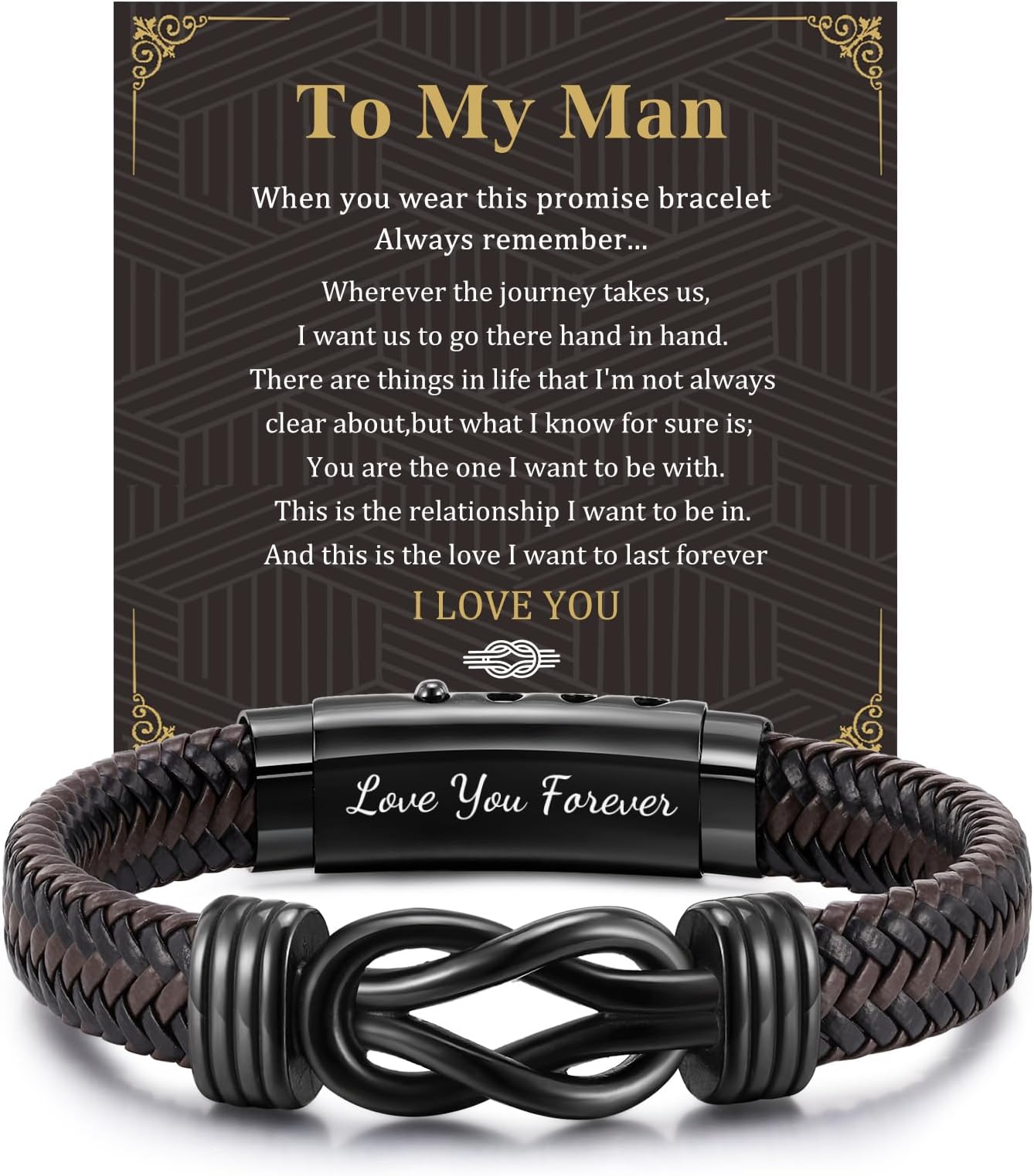 Men's Bracelets Gifts for Men - Brown Braided Leather Infinity Knot Bracelets Engraved Love Massage for Son Daddy Man Brother Husband Boyfriend, Personalised Mens Bracelets Gift for Birthday Christmas