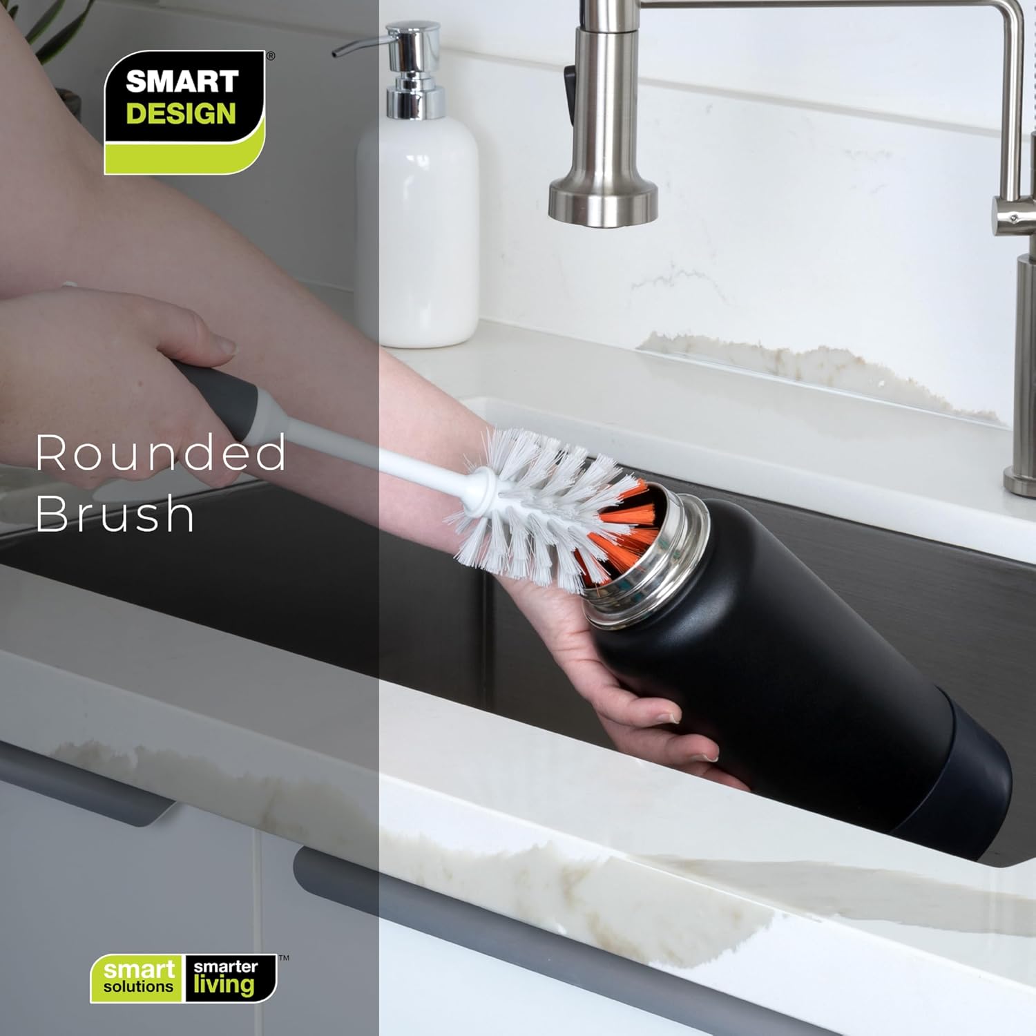 Smart Design Bottle Brush - Non-Slip Handle – Long Lasting Bristles - Dishwasher Safe - Cleans Water Bottles, Pitchers, Carafes, Vases - 10.5" Long - Gray & Sunset Orange