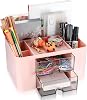 Desk Organiser Drawers, Desk Organiser with Drawer, Office Desk Supplies Organizer, Plastic Table Desktop Stationary Organiser Storage Pen Holder with 5 Compartments for School Office Home, Pink