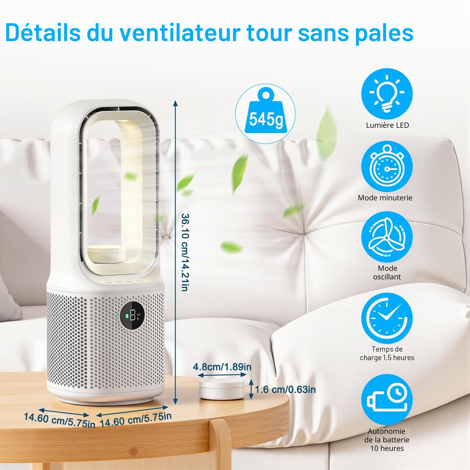 13''Ventilateur Sans Pales, 9Vitesses de Ventilation, Rotation à 60°, Veilleuse LED Tricolore à Intensité Variable&Minuterie,Fonctionnement Ultra-Silencieux, pour Chambres et aux Bureaux à Domicile
