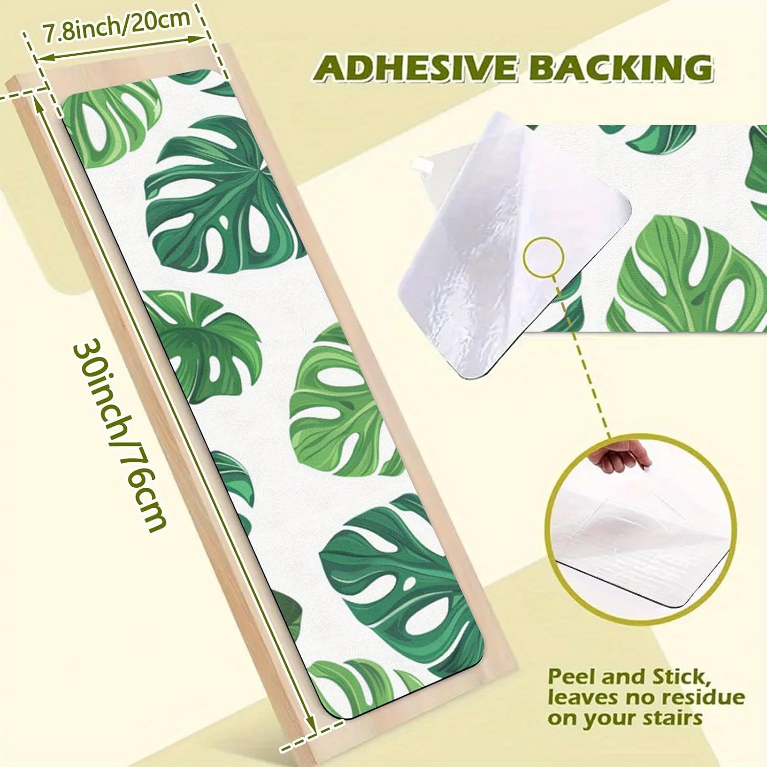 Monstera Leaf Stair Treads, Non-Slip Indoor Carpet, White Green Tropical Pattern, 7.8x30 Inch, 10 Pack, Adhesive Backing, Noise Reducing, Pet Safe