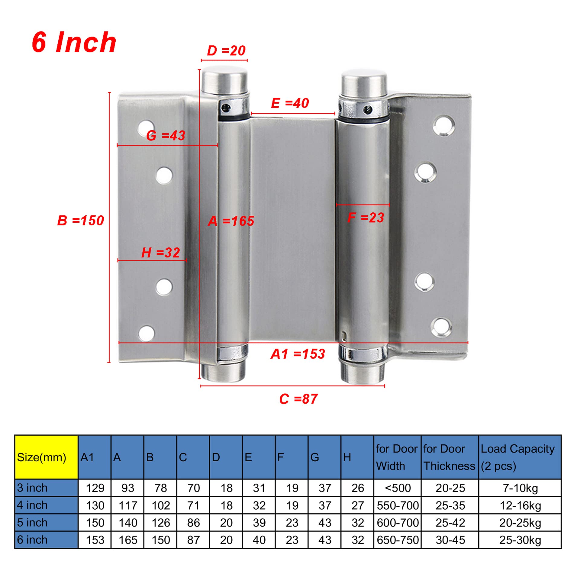Charnières À Ressort Double Action Acier Inox 153mm pour Portes Battante Jusqu'à 30kg (2 PCS)