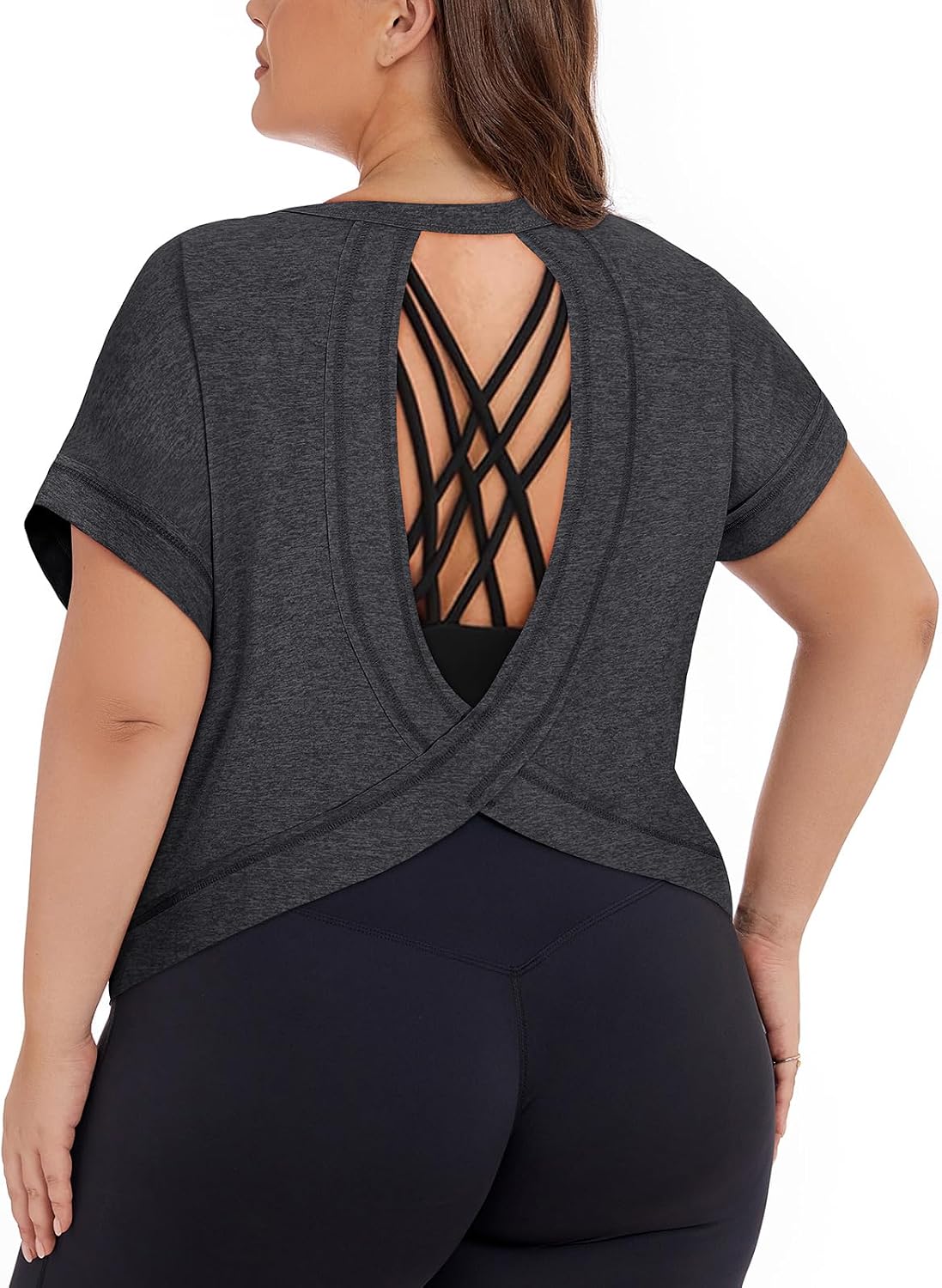 Koscacy Womens Plus Size Open Back Tops Short Sleeve Workout Shirts Casual Yoga Athletic Gym Running Tees