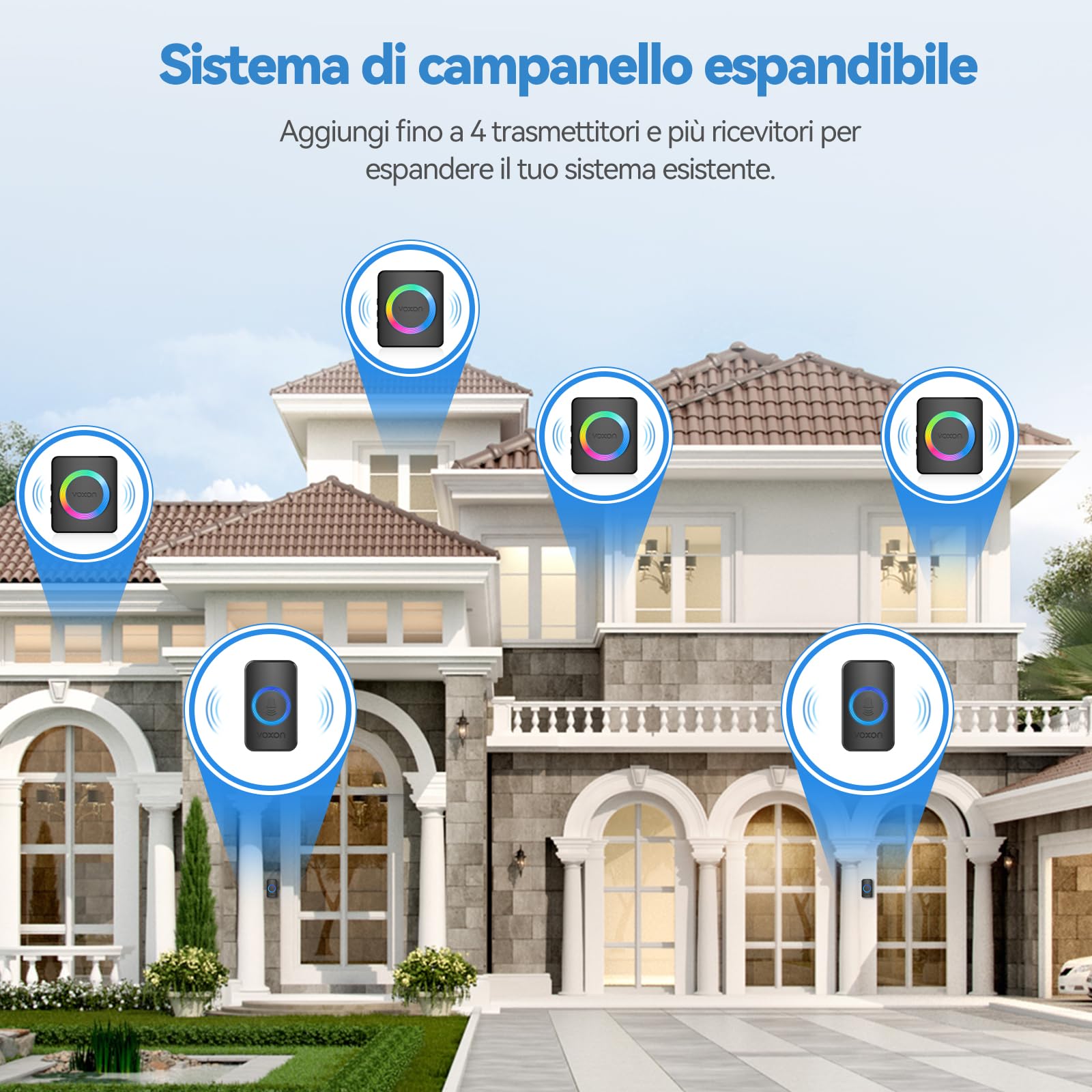 VOXON Campanello Senza Fili, Wireless Campanello con 2 Ricevitori Plug-in e 1 Trasmettitore, Portata 400M, IP65 Impermeabile, 60 Melodie con Flash LED, Doorbell per Casa e Ufficio (Nero)