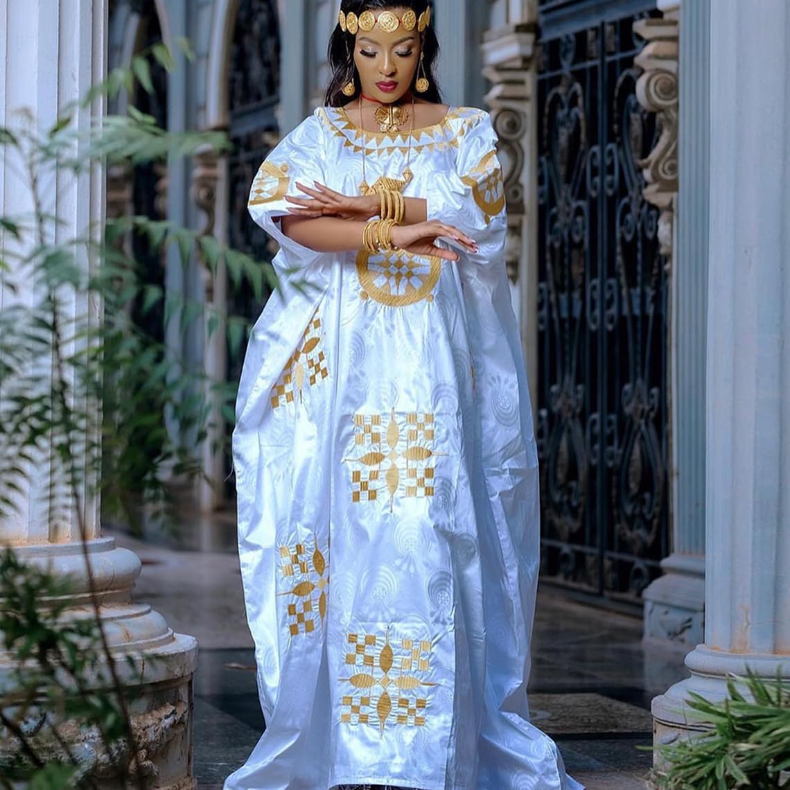 Gold And White African Mali Bazin Rich Boubou Nigerian Wedding Bride Dresses Senegal Women Mix Size Dashiki For Party Basin Riche Long Robe Clothing - Image 2