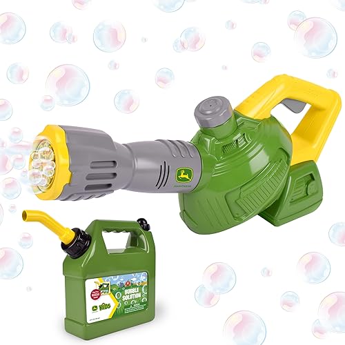 John Deere - Soplador de hojas de burbujas para niños, incluye lata de gas de recarga de burbujas de 24 onzas, máquina de burbujas para exteriores