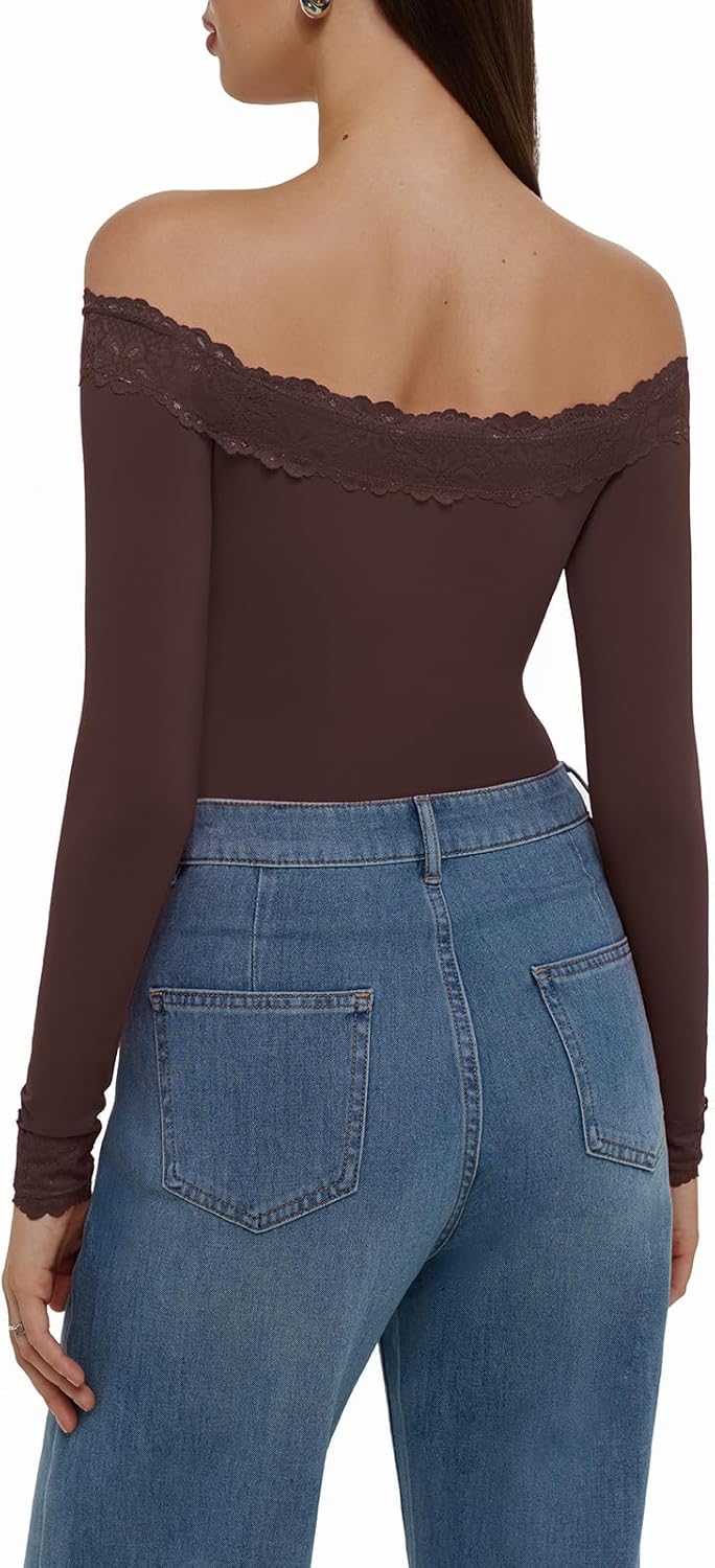 REORIA Women's Sexy Off The Shoulder Long Sleeve Bodysuit Lace Body Suits Going Out Tops Fall Outfit 2025 - Image 2