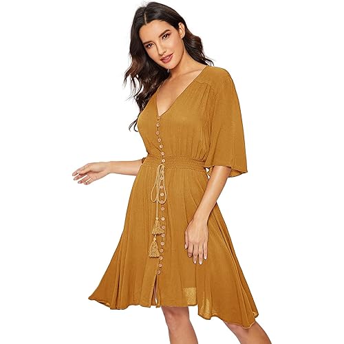 Milumia Women's Boho Button Up Split Solid Vintage Flowy Party Dress