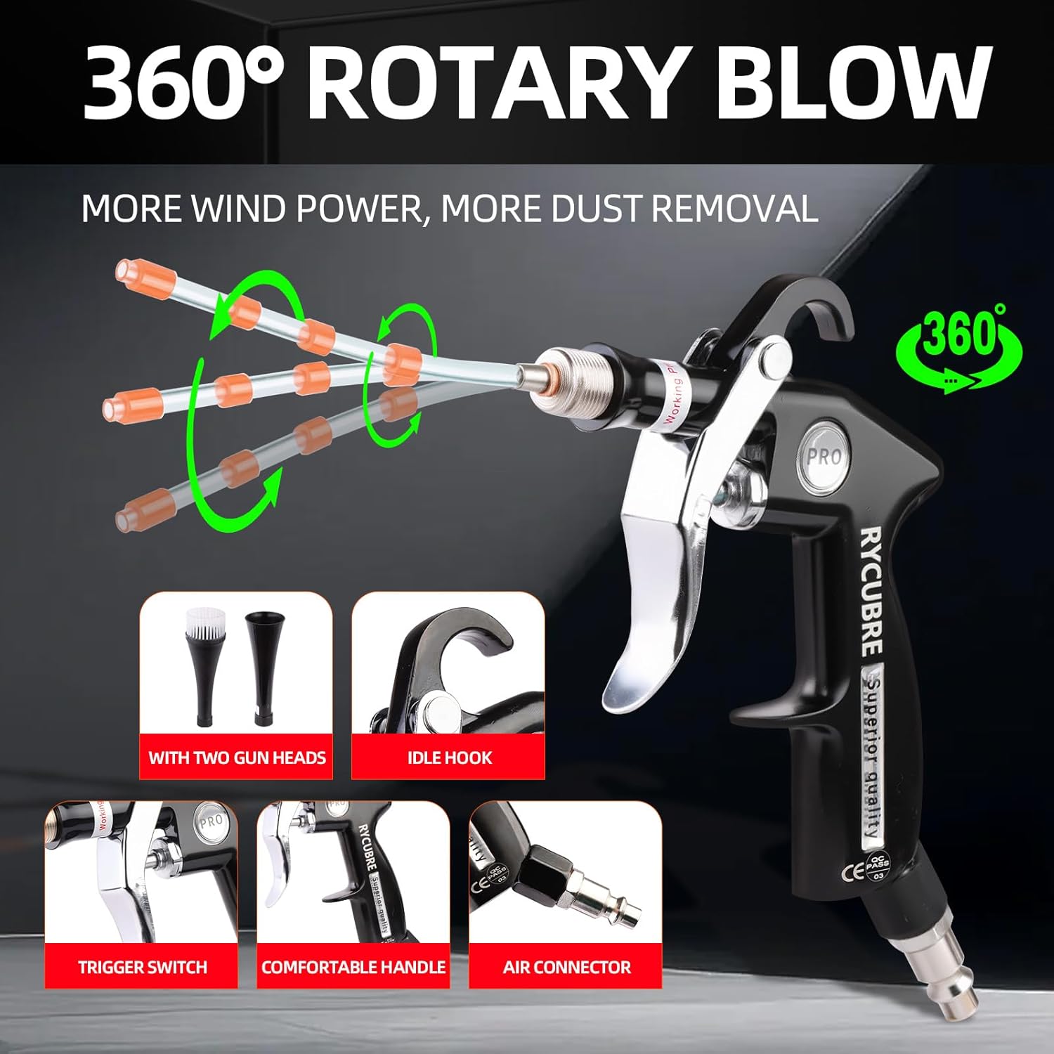 Tornado Car Cleaning Gun, High Pressure Air Blow Gun Air Blower Gun with 2 Nozzles & 2 Microfiber Towels, Durable Metal Body Tornador Car Cleaning Gun for Car Interior Detailing Air Gun