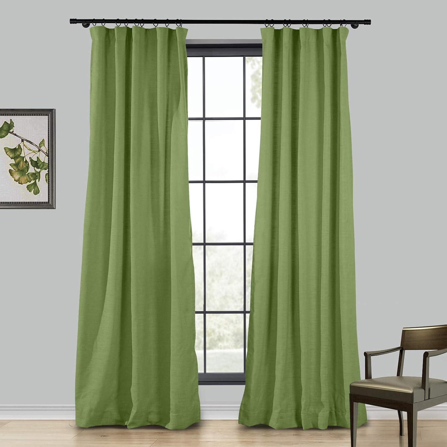 TWOPAGES 4 in 1 Header Natural Faux Linen Curtain for Living Room, Green Solid Room Darkening Flat Hook Window Curtain, 1 Panel, 50 W x 63 L Inches