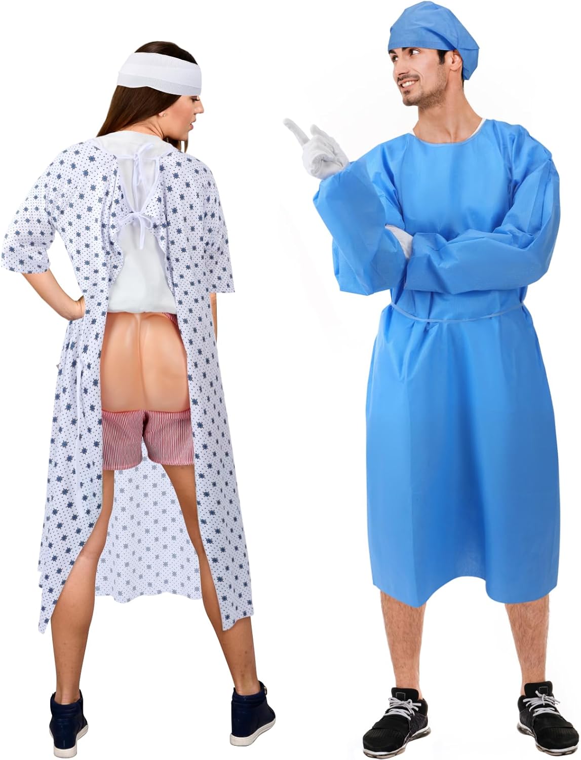Mepase 6 Pcs Halloween Couples Costume for Adult Doctor Surgeon and Patient Costume Unisex Hospital Patient Gown Funny Shorts for Halloween Couple Cosplay Medical Themed Party Events