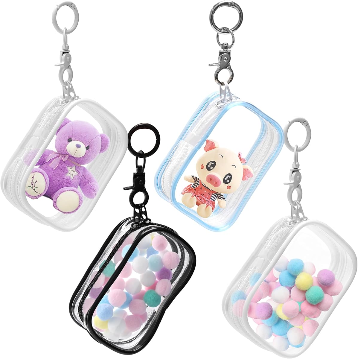 4Pcs Clear Figure Display Bag with Keychain, Dustproof Small Display Case for Sonny Angels, Blind Box, Mini Dolls, Portable Hanging Zipper Pouch Doll Storage Organizer