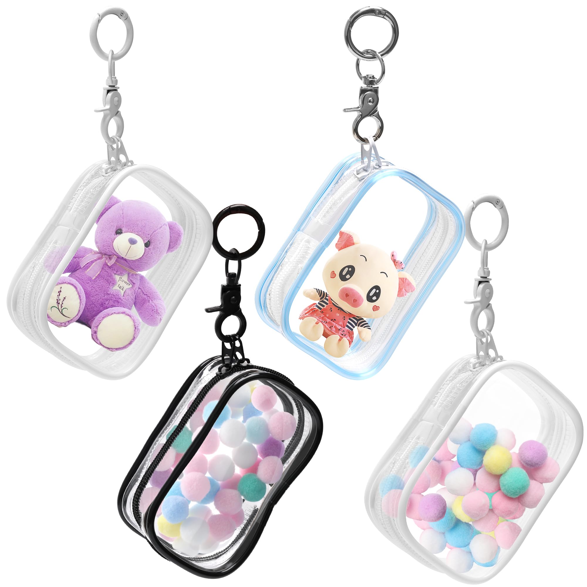 Solaradgy 4Pcs Clear Figure Display Bag with Keychain, Dustproof Small Display Case for Sonny Angels, Blind Box, Mini Dolls, Portable Hanging Zipper Pouch Doll Storage Organizer