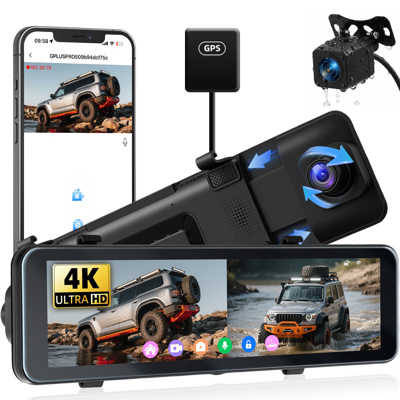 OiLiehu 4K Dashcam Voiture Avant et Arrière, AHD Rétroviseur Dashcam, 10,88" Écran Tactile avec G-capteur, Vision Nocturne, Aide au Stationnement, ADAS, BSD, LCA, Contrôle par Application, GPS