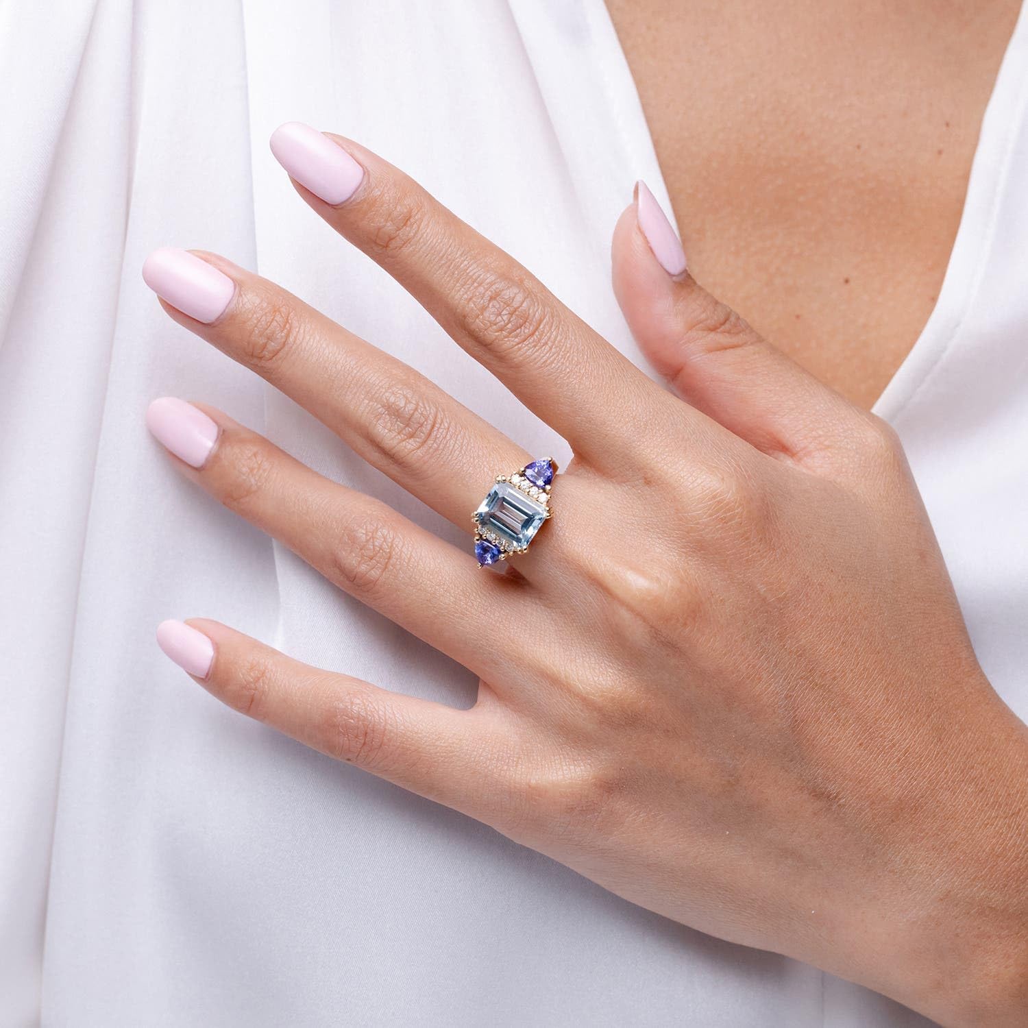 Angara Natural Emerald Cut Aquamarine Trillion Tanzanite 3 Stone Ring in 14K Solid Gold/Platinum | March Birthstone, Birthday, Engagement, Anniversary, Wedding Jewelry Gift for Women - Image 4