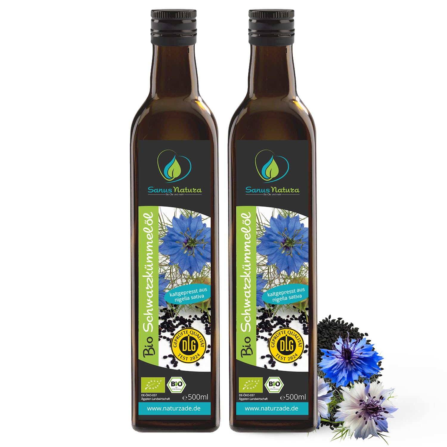 Sanus Natura Bio Schwarzkümmelöl 1000 ml (2x 500ml) ungefiltert, hoher Thymochinongehalt, kaltgepresst & naturrein ohne Zusätze, direkt vom Hersteller