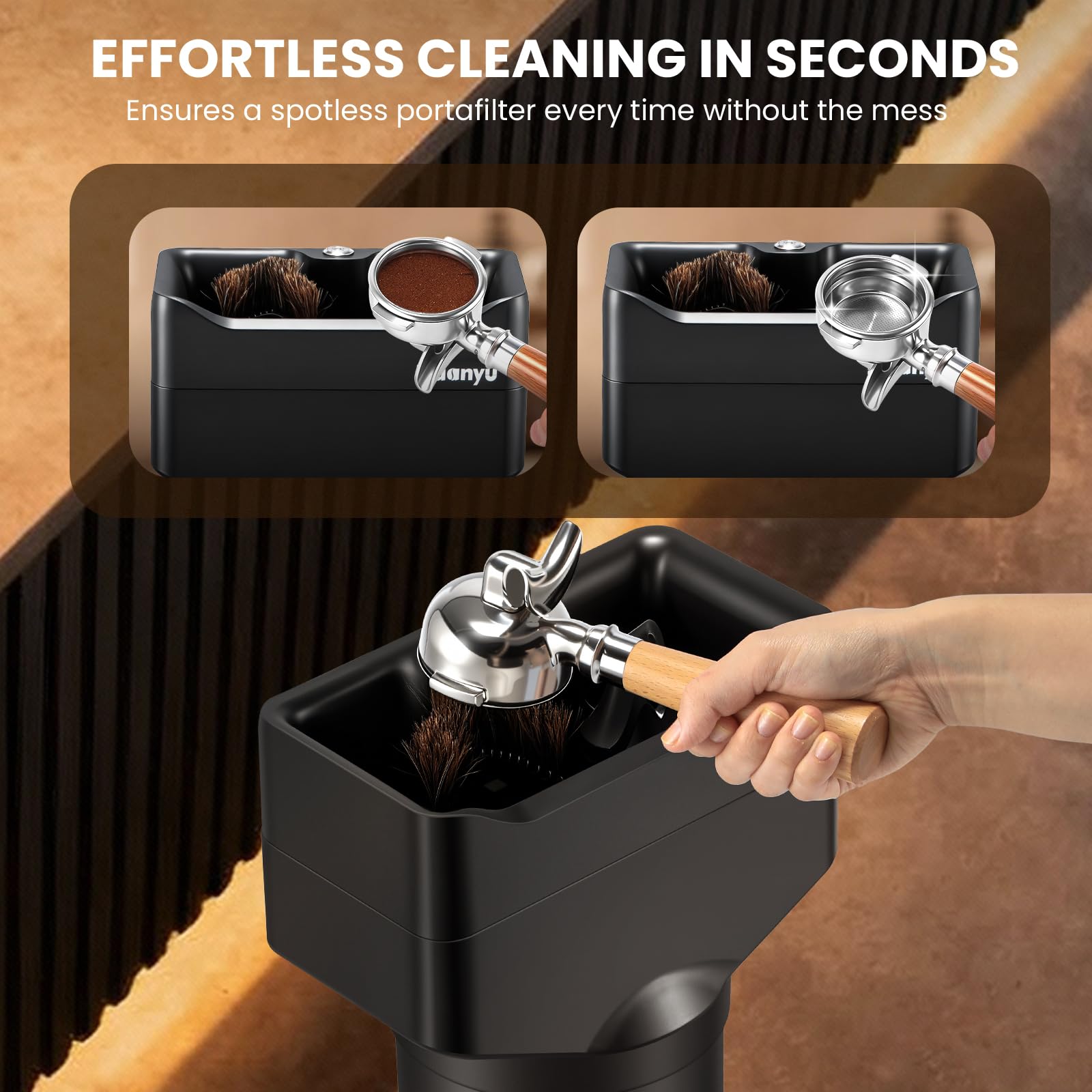Huanyu Pulitore elettrico per filtro portafiltro da 16 l, grande capacità con 2 testine e 3 raschietti per filtri portafiltro da 58 mm/51 mm, verticale per uso commerciale, macchina automatica per la