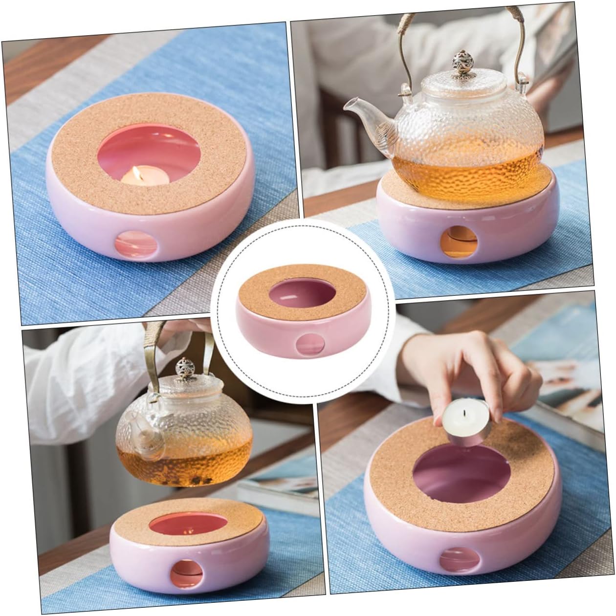 Healifty Ceramic Teapot Warmer in Pink Purple Portable Tea Heater Stove with Smooth Surface Lightweight and Convenient Candle Powered Warmer for Home Tea Heating