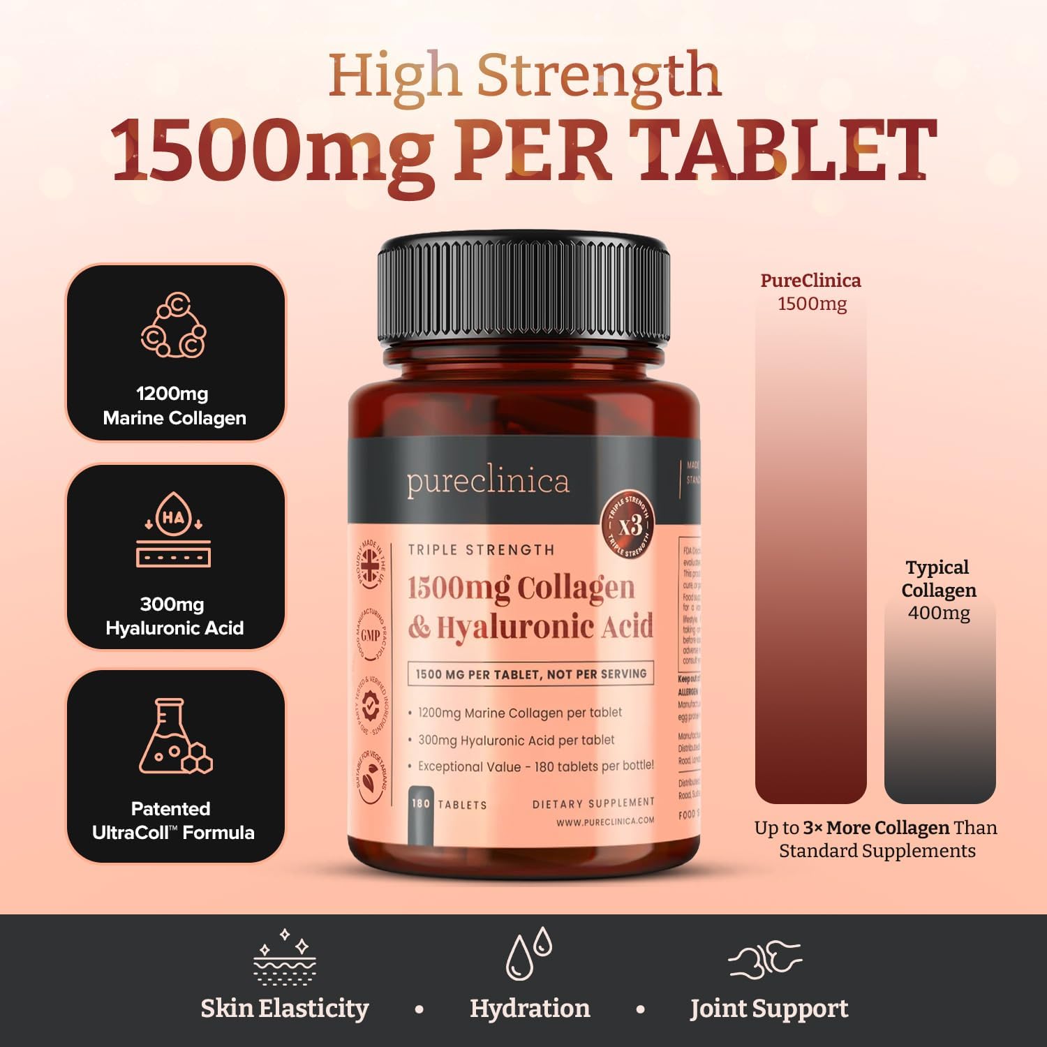 pureclinica 1500mg UltraColl Collagen (1200mg) and Hyaluronic Acid (300mg) x 180 Tablets - 6 Months Supply - Image 3