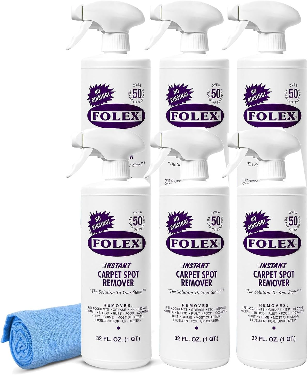 32 oz Instant Carpet Spot Remover Carpet Cleaner with Reusable Cleaning Cloth - Removes Pet Accidents, Grease, Red Wine and More (6 Pack)