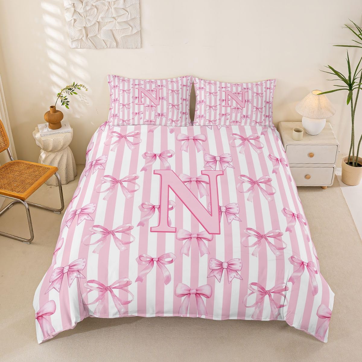 Homewish Inicjał litera N kokarda różowe paski alfabet podwójna pościel kokarda pasek kawaii poszewka na kołdrę zestaw marzycielska księżniczka poszewka na kołdrę ciepła miękka pościel