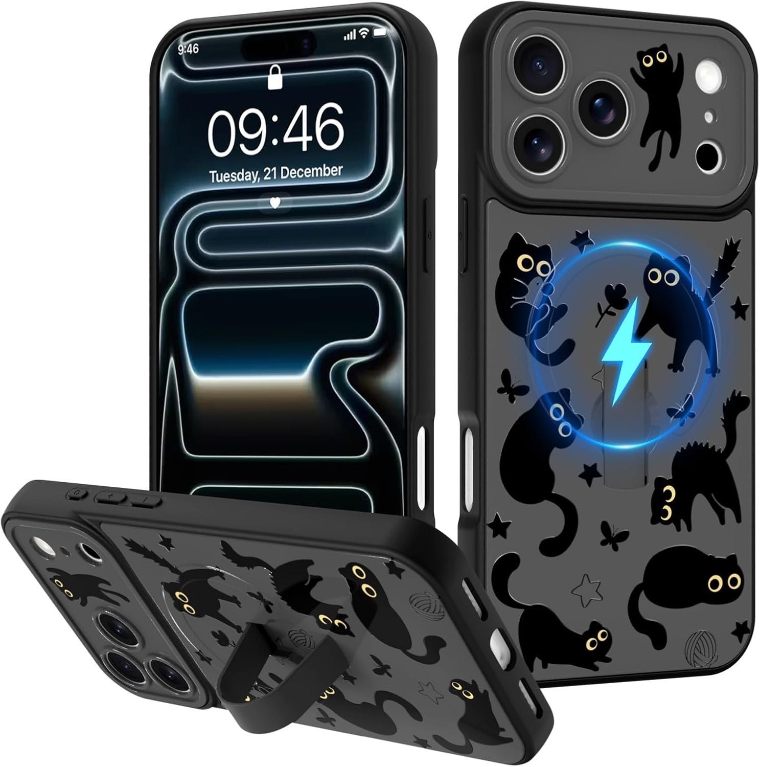Fiyart Designed for iPhone 17 Pro Case Cute Cats Finger Strap Magnetic Phone Grip Kickstand for Women Girls,Compatible with MagSafe Kawaii TPU Hard PC Shockproof Camera Protection-Black