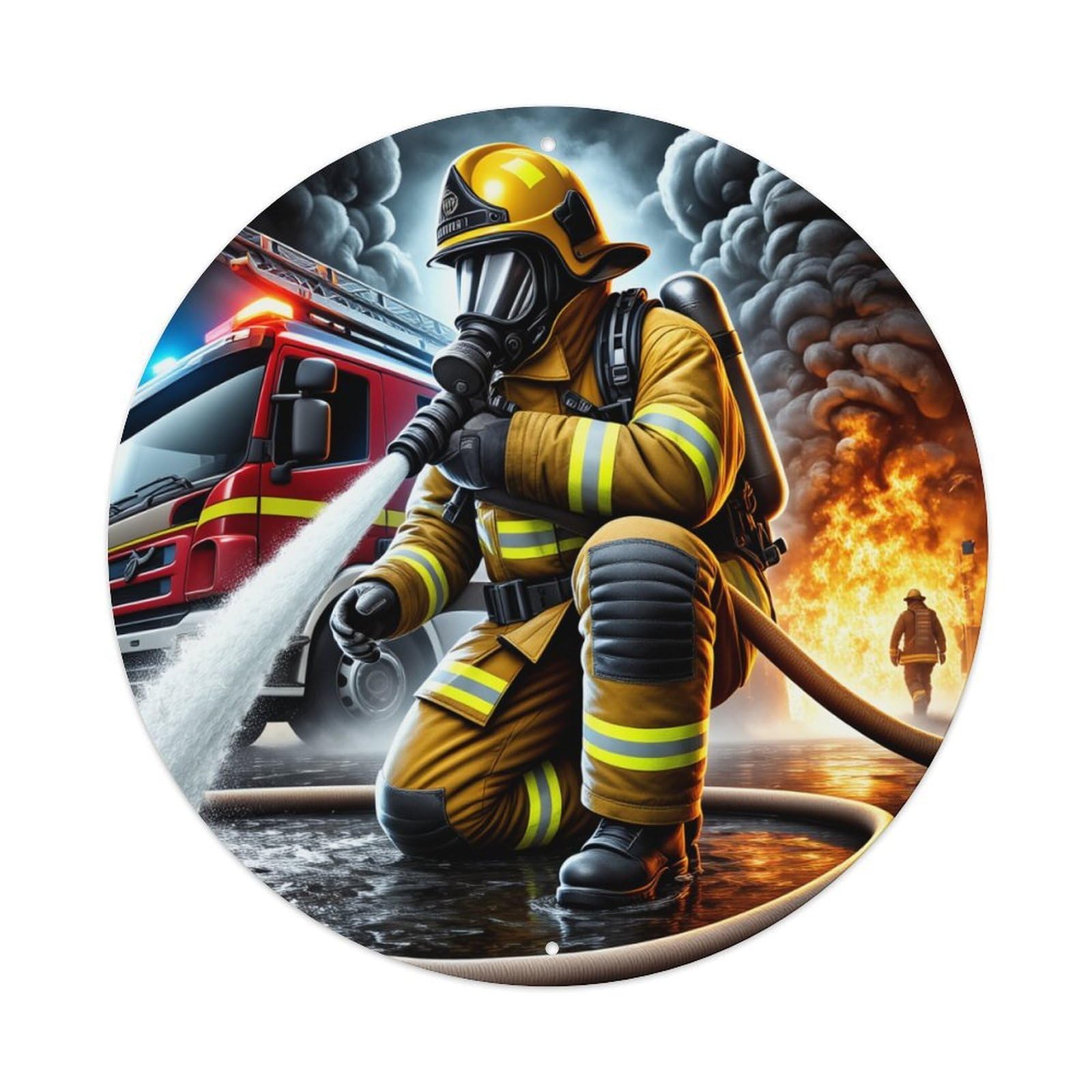 Firefighter In Action With Hose And Flames Retro Metal Tin Sign, Vintage Metal Poster for Bar, Home, Man Cave, Kitchen, Laundry Room Art Decor 8x8 Inch