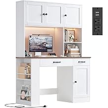 Keyluv 71" Tall Computer Desk with Hutch Cabinet, Home Office Desk with Storage Drawers Shelves and Side Rack, Wood Executive Desk with Doors, Outlet Station and Smart LED Lights, White