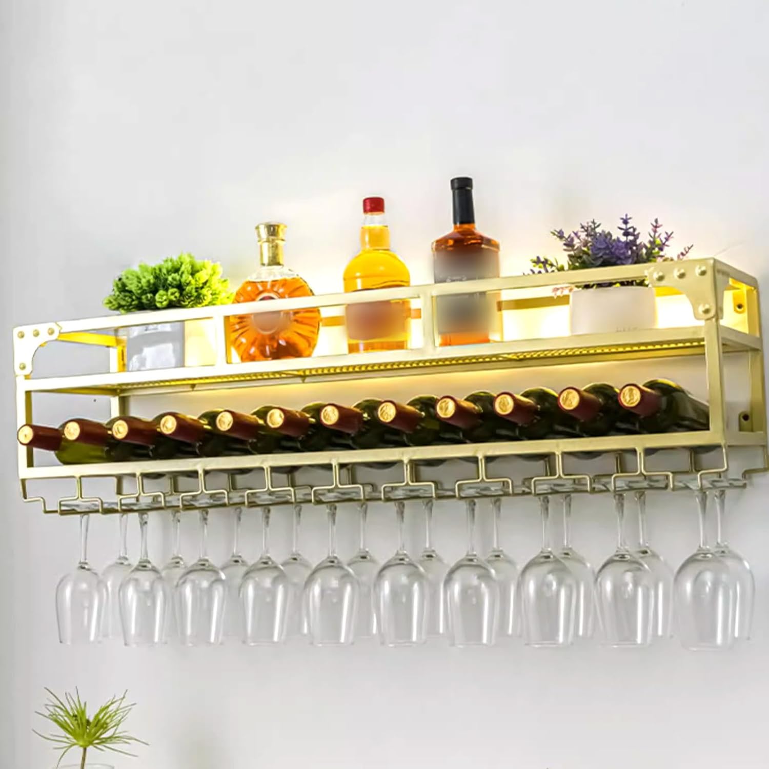 Wall Wine Storage Racks Iron Metal Frame,LED Hanging Wall Mounted Wine Rack,Bar Liquor Bottle Display Shelf,Iron Bar Liquor Shelf,for Home Bar, Dining Room, Kitchen ( Color : Gold , Size : 60*25cm )
