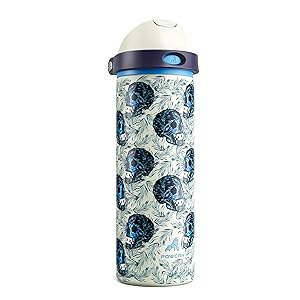 POWCAN 24 oz Insulated Skull Water Bottle: Push-Button Spout & Quick-Flip Straw, Leakproof, Car Cupholder Friendly, Insulated Flask with Straw and Handle for Fitness, Trip, Gift (Frost Revenant)